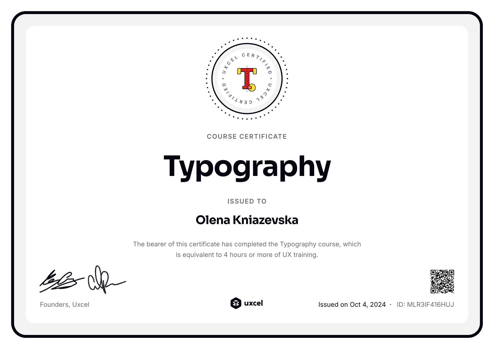 Olena Kniazevska's certificate